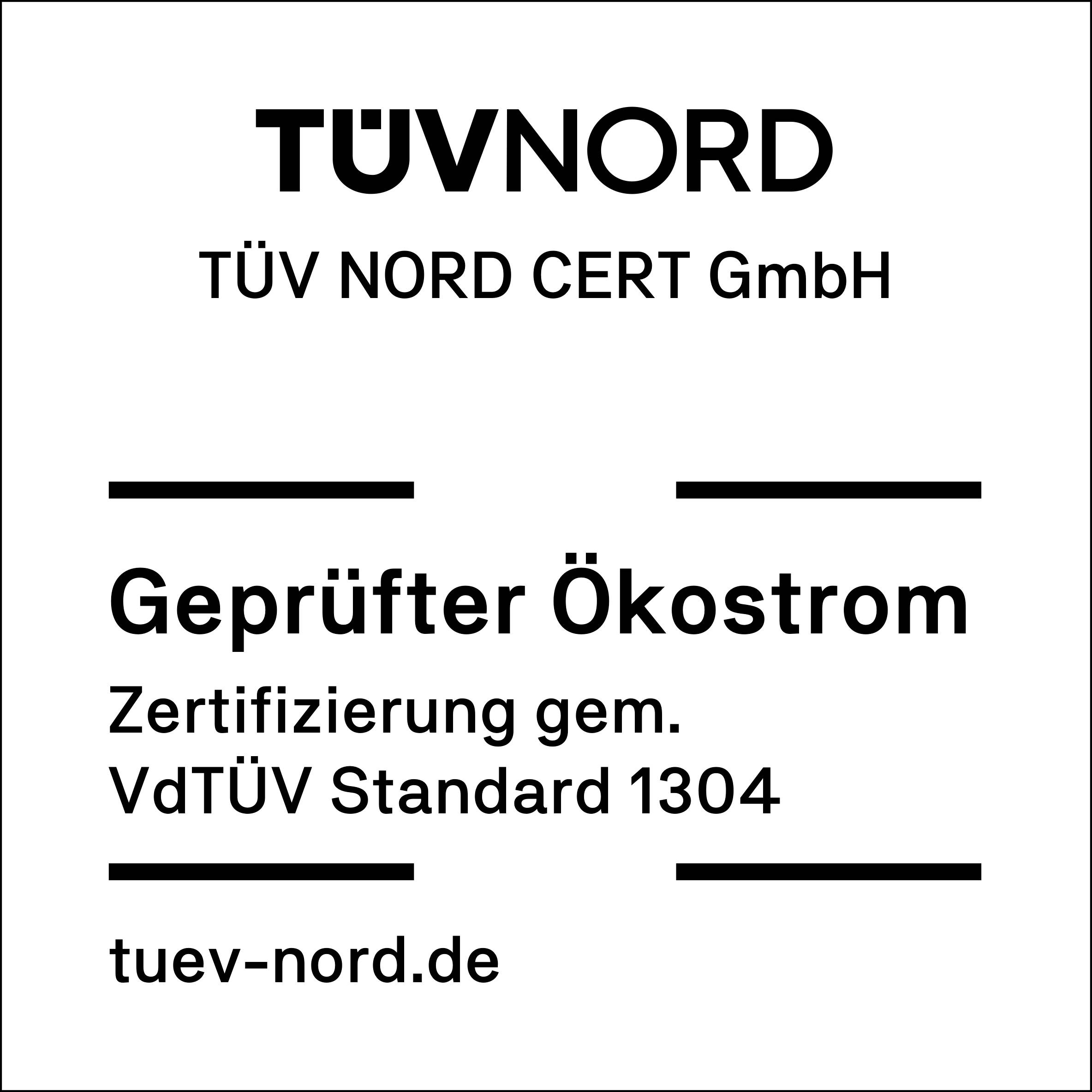 Siegel von TÜV Nord für geprüften Ökostrom.