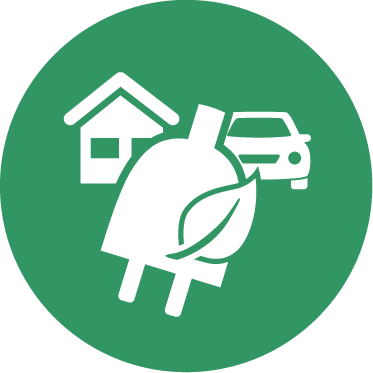 Ein Icon mit einem Haus, einem Auto und einem Stecker mit Blatt. Steht für den kombinierten Tarif von Haushaltsstrom und Ladestrom.